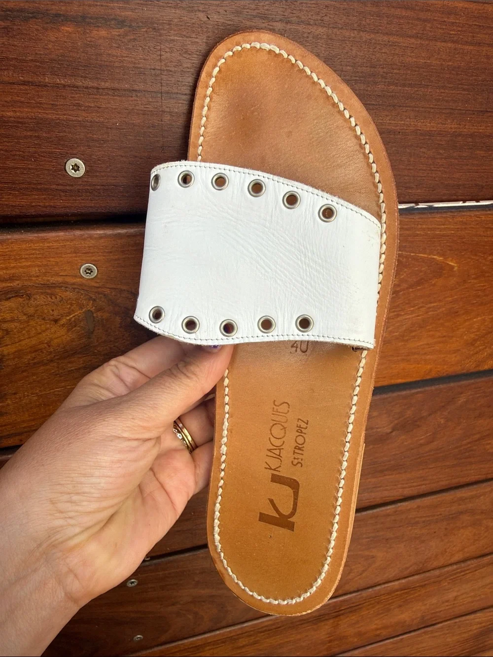 K.Jacques White Leather Eyelet Slide Sandals Size 40